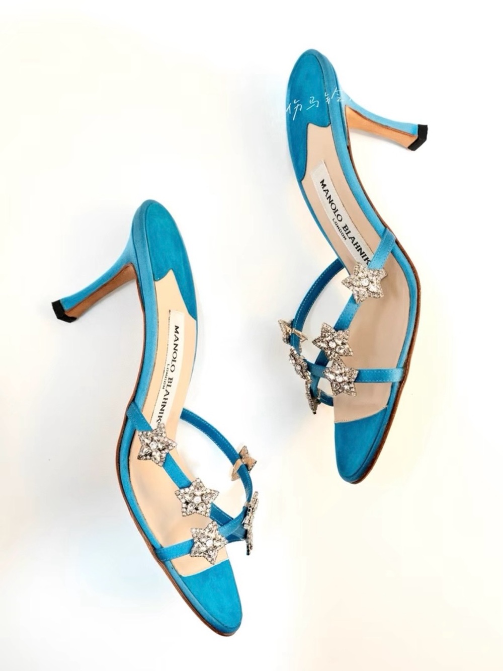 Manolo Blahnik Turquoise Satin Heels with Crystal Star Straps - Picture 4 of 7